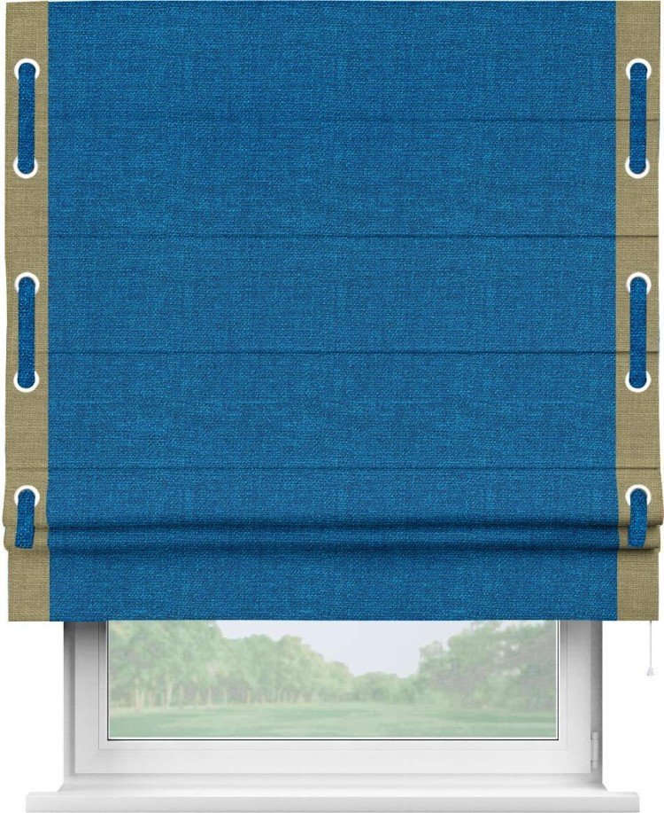 Римская штора «Кортин» с кантом Стрим Дуо (люверсы с пояском), для проема, ткань лён синий