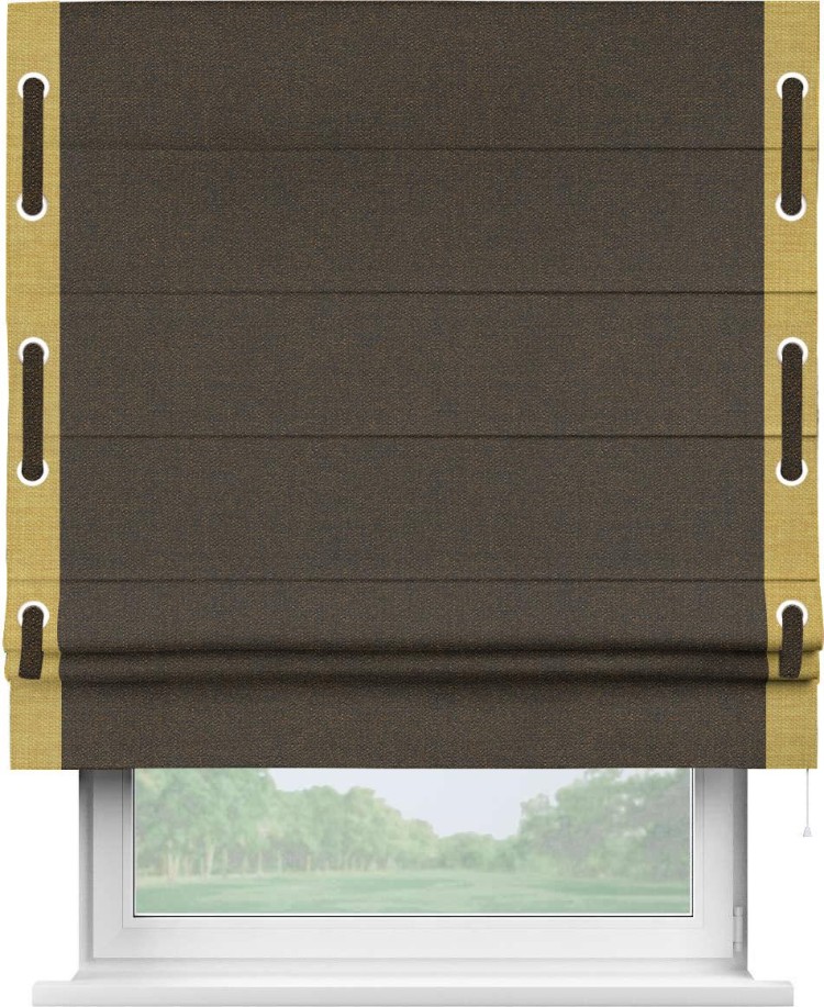 Римская штора «Кортин» с кантом Стрим Дуо (люверсы с пояском), для проема, ткань лён темно-коричневый