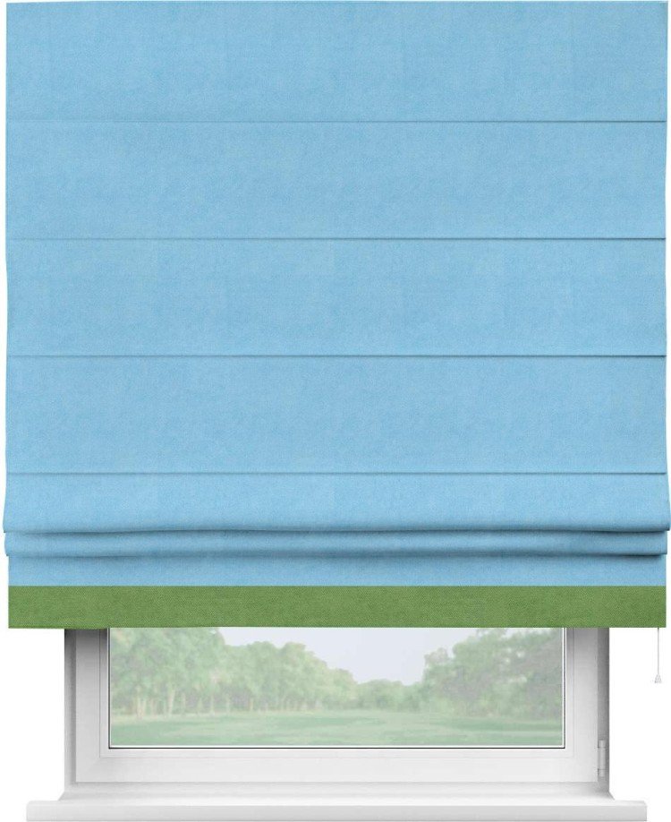 Римская штора «Кортин» с кантом Джестер, для проема, ткань вельвет голубой